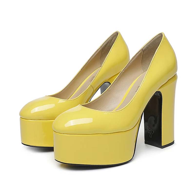 Emma Jones Round Toe High Platforms Chunky Heels Pumps Yellow Patent