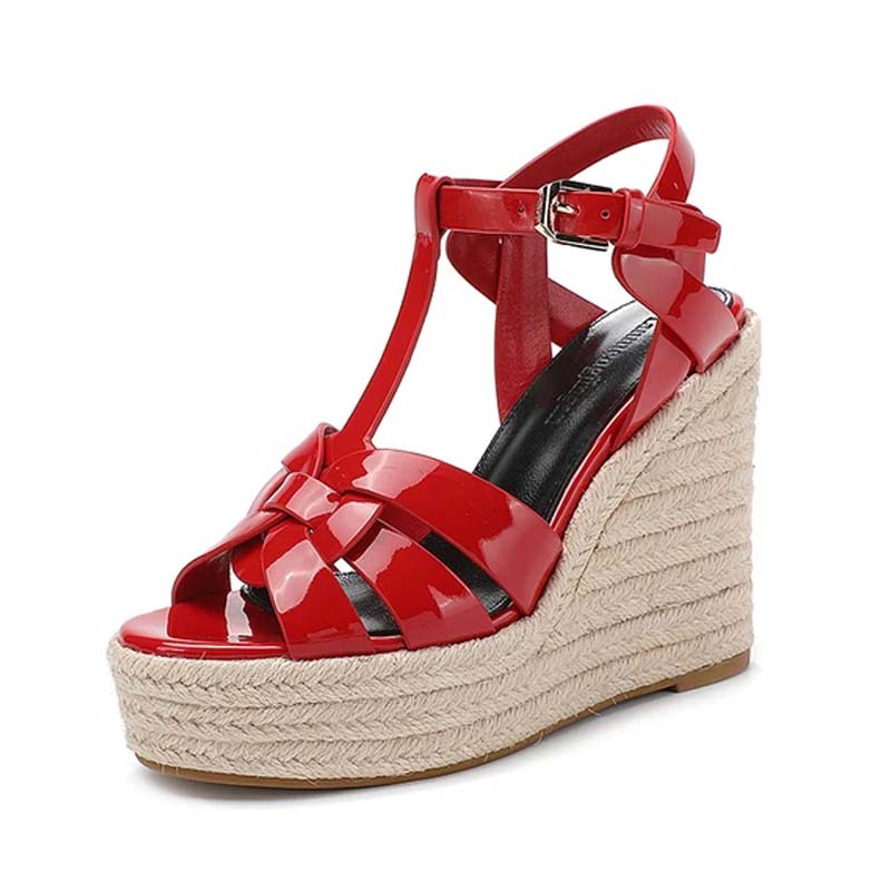 Emma Jones Peep Toe Hemb Rope Platforms Ankle Buckle T Straps Summer Wedges Sandals Red Patent 0101