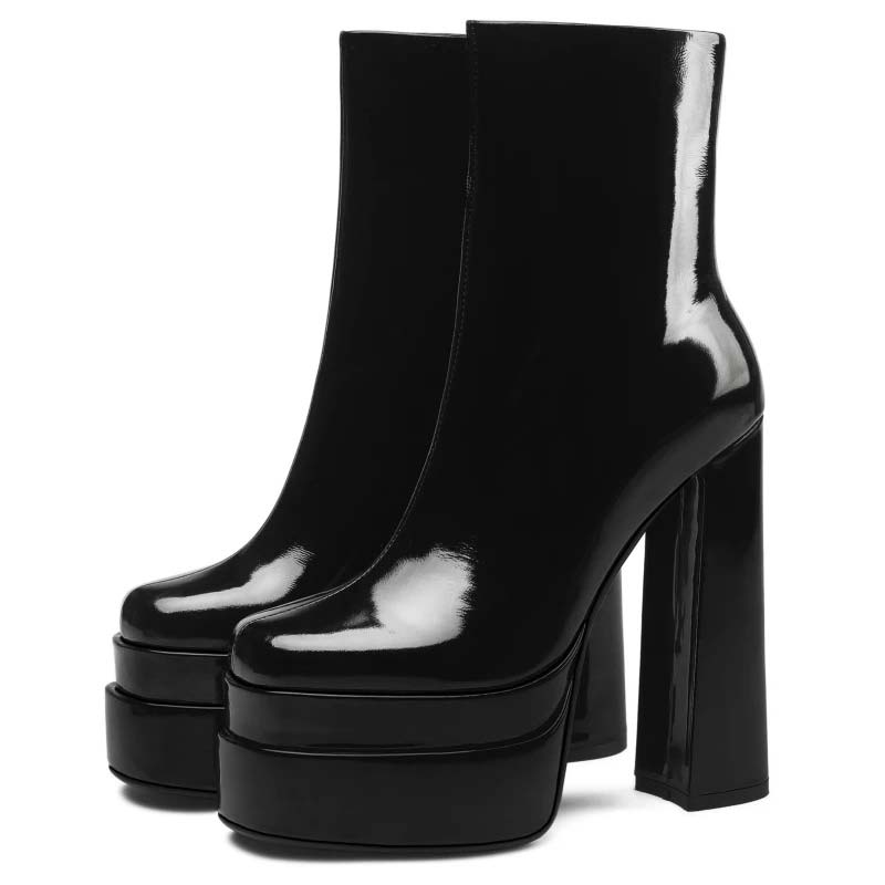 Lib Round Toe Double Platforms Chunky Heels Side Zipper Ankle Highs 