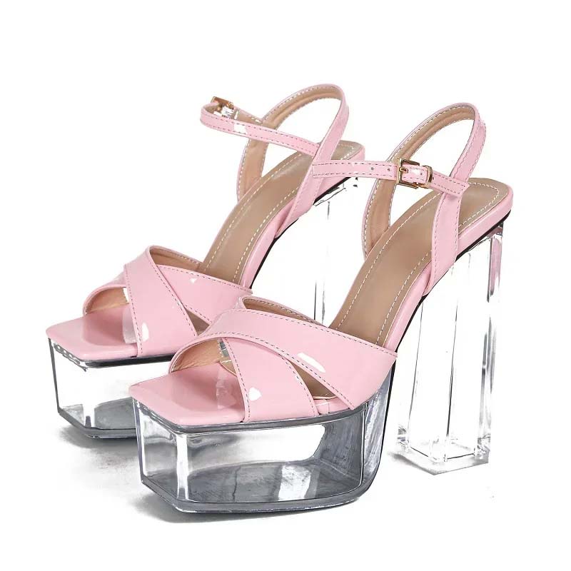 Lib Square Open Toe Transparent Platforms Chunky Heels Ankle Buckle ...