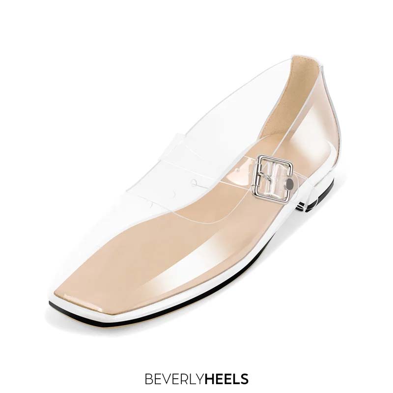 Maken Square Toe Transparent Clear Mary Janes Flats Loafers - White PVC ...