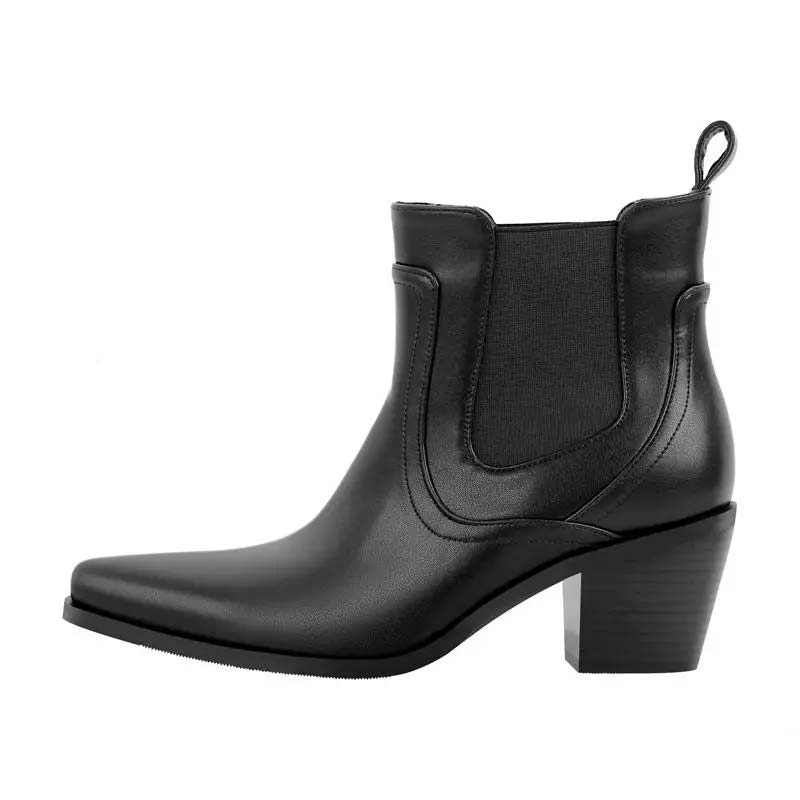 Maken Pointed Toe Side Zipper Chunky Heels Ankle Chelsea Boots - Black 