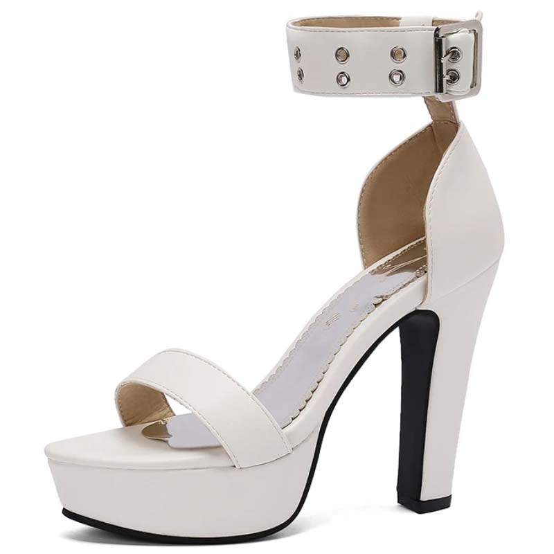 Lib Peep Toe Ankle Buckle Straps Cuban Heels Platforms Sandals White