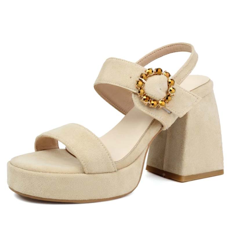 Lib Peep Toe Chunky Heels Buckle Straps Slingback Platforms Elegant Sandals Beige Flock In 6936