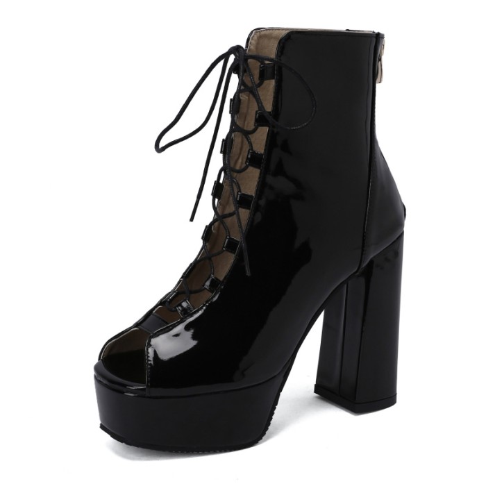 Lib Peep Toe Knee High Lace Up Platforms Patent Chunky Heels Pumps Boots Black In Sexy Boots