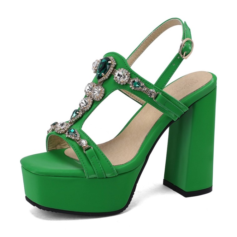 Peep To T Straps Crystal Decorated Chunky Heels Back Straps Platforms Pumps  - Green by Lib