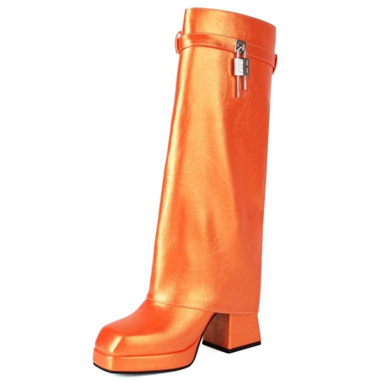 Square Toe Chunky Heels Turned over Edge Lock Decorated Straps Low  Platforms Boots - Orange by Lib