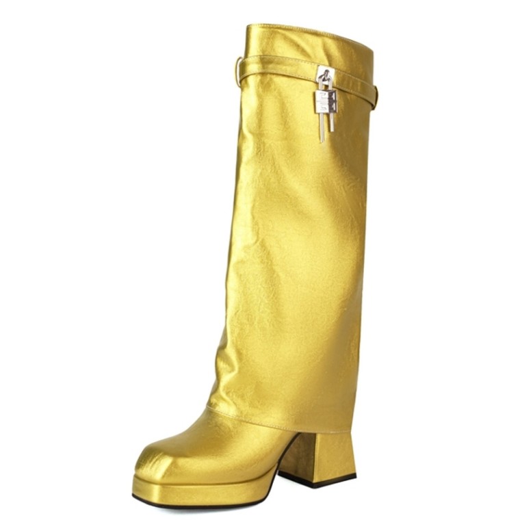 Square Toe Chunky Heels Turned over Edge Lock Decorated Straps Low  Platforms Boots - Yellow by Lib