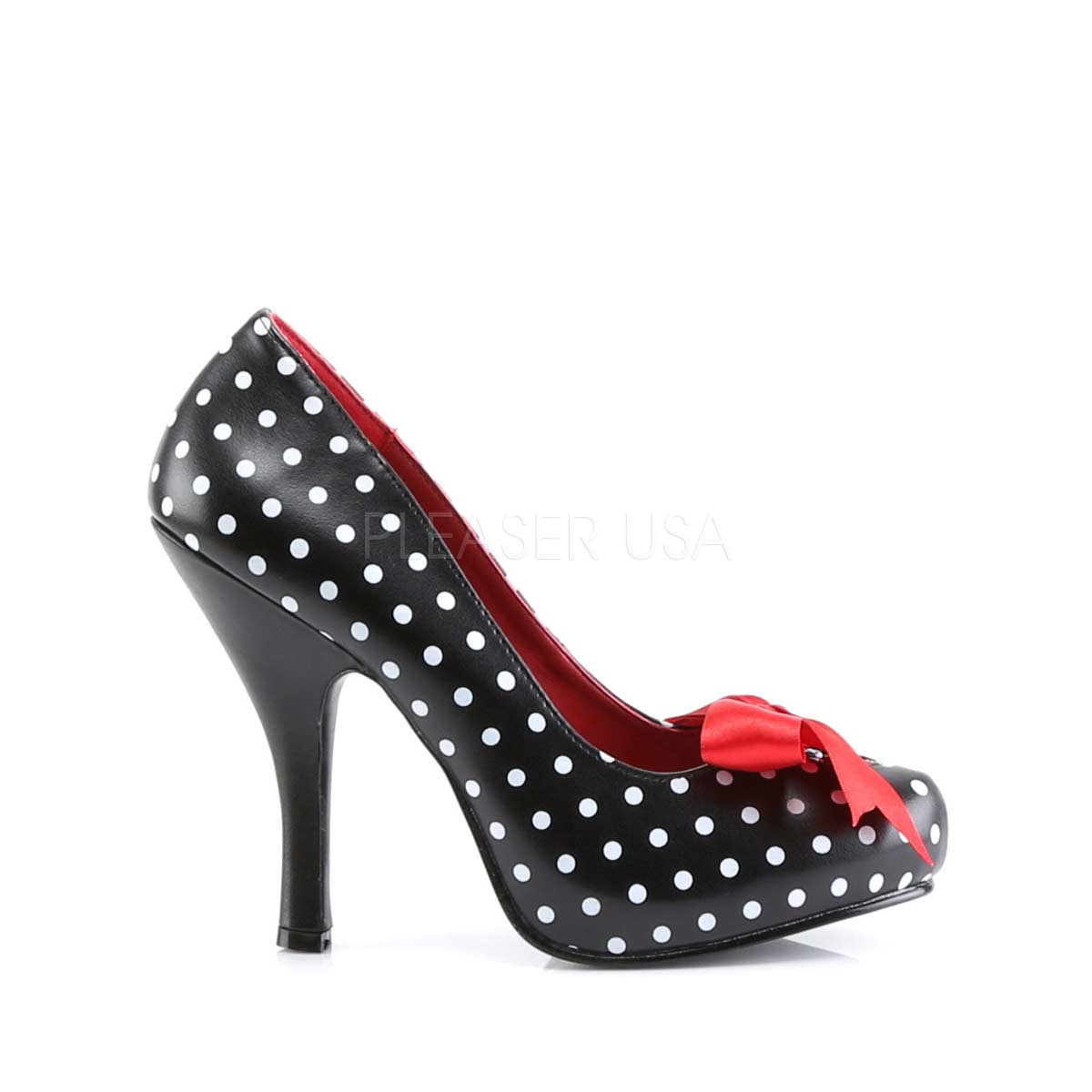 Pleaser Pinup Couture Cutiepie 06 Black White Pu Polka Dots Print In Sexy Heels And Platforms