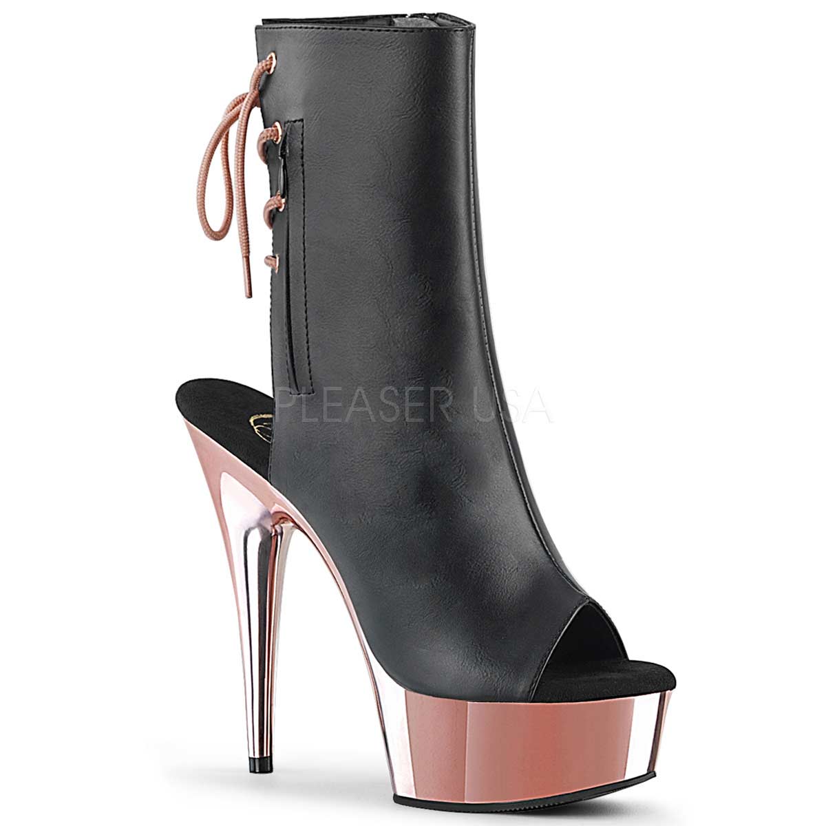 Pleaser Delight 1018 Black Faux Leather Rose Gold Chrome In Sexy