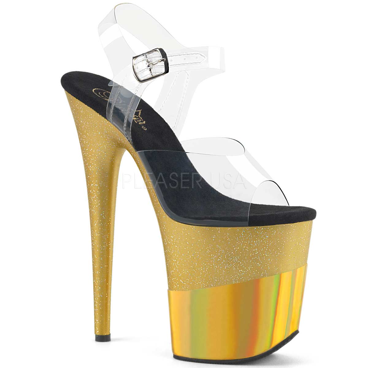 Pleaser Flamingo 808 2hgm Clear Gold Glitter Hologram In Sexy Heels And Platforms 5015 