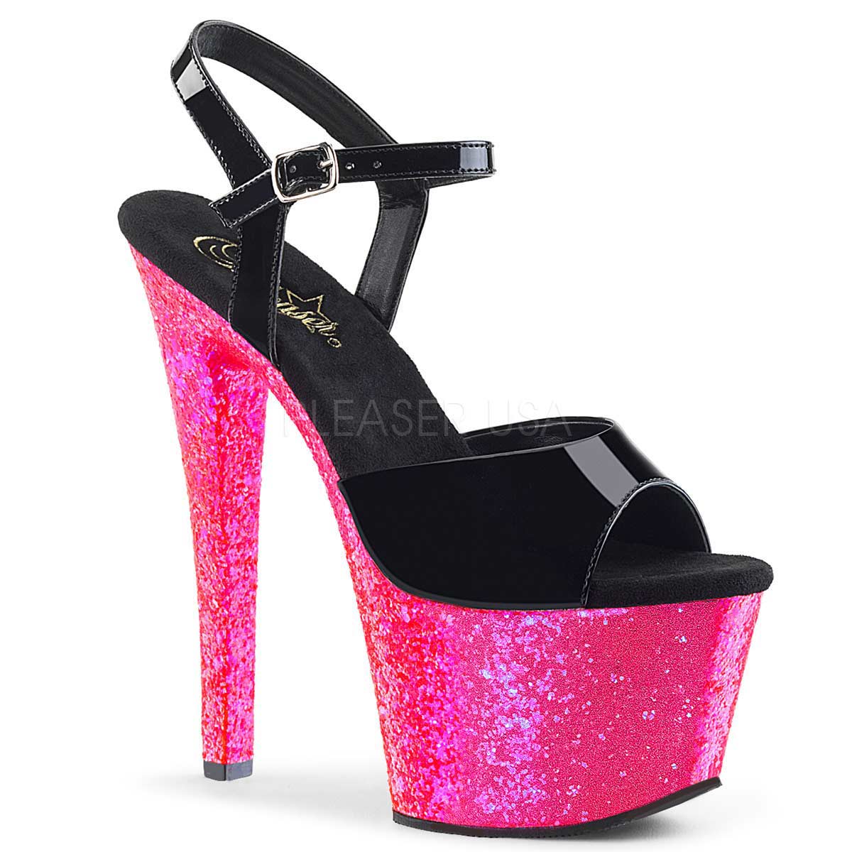 Pleaser Sky-309UVLG - Black Pat Neon Pink Glitter in Sexy Heels ...