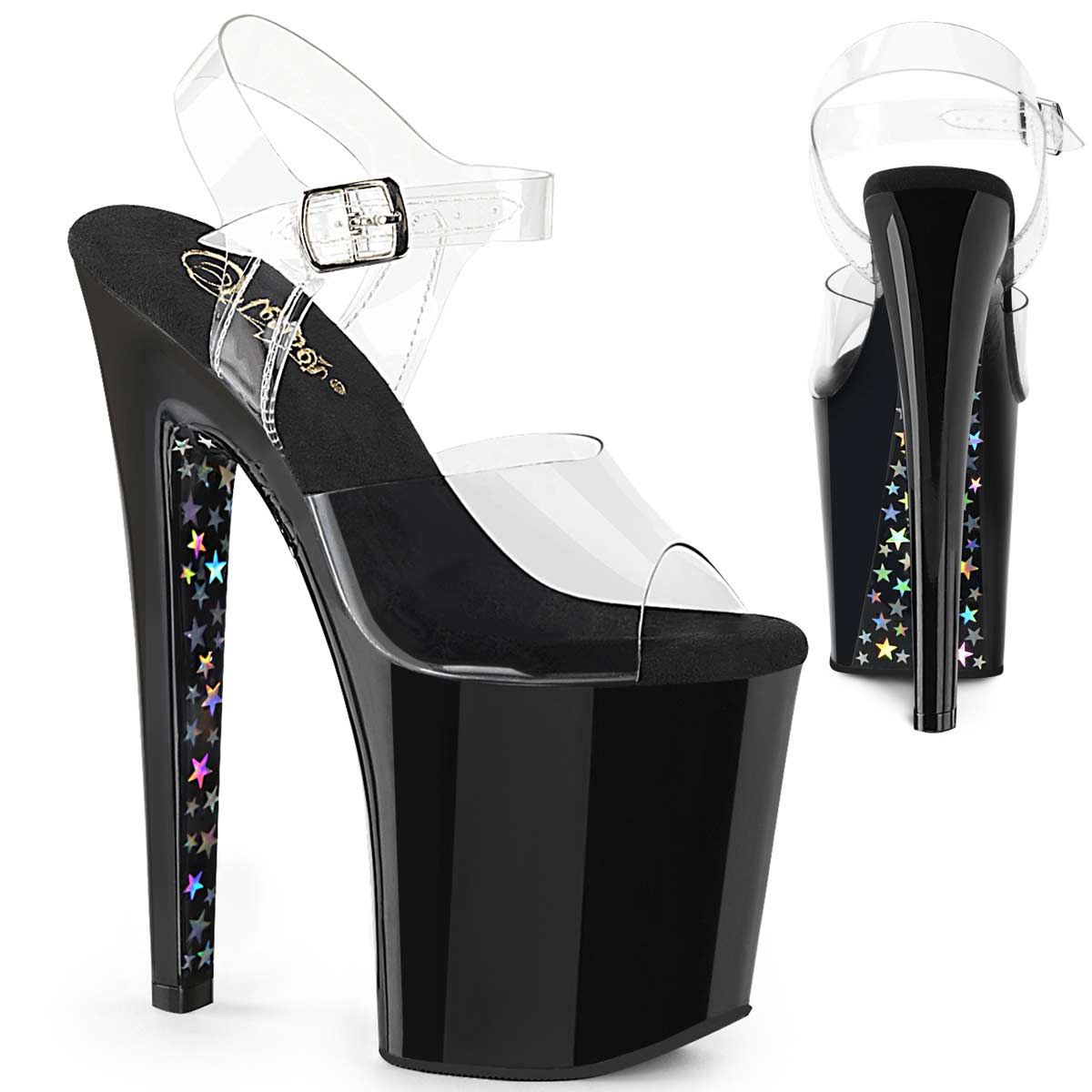 Pleaser Xtreme 808chs Clear Black Silver Hologram In Sexy Heels