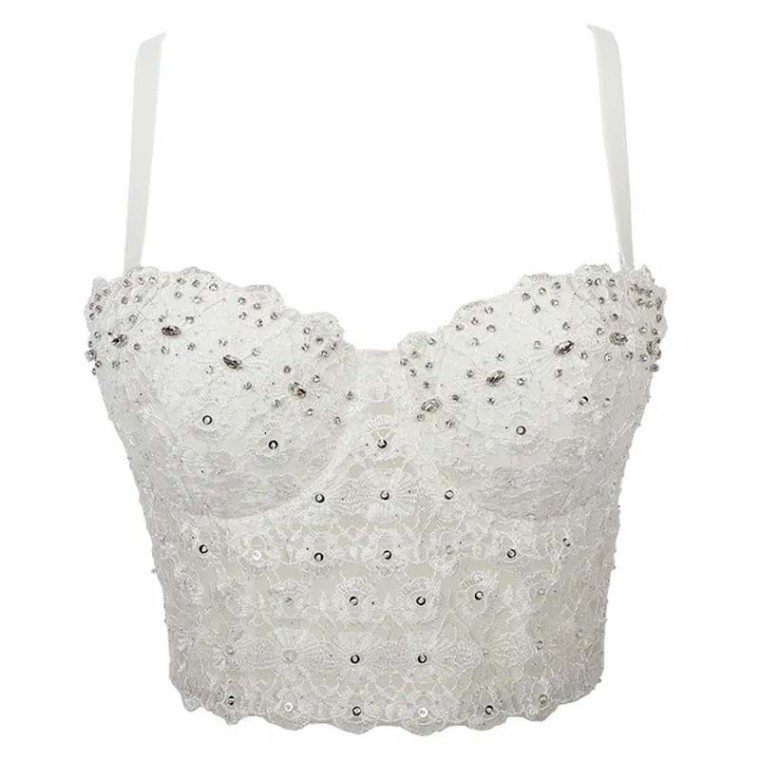 Ward Lingerie Lace Rhinestone Sequined Crop Top Glitters Tube Top